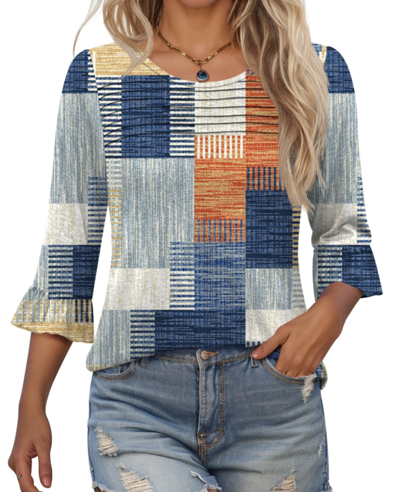 Clara Blusa Donna – Top Tunica con Maniche 3/4 a Volant, Girocollo & Pieghe Frontali