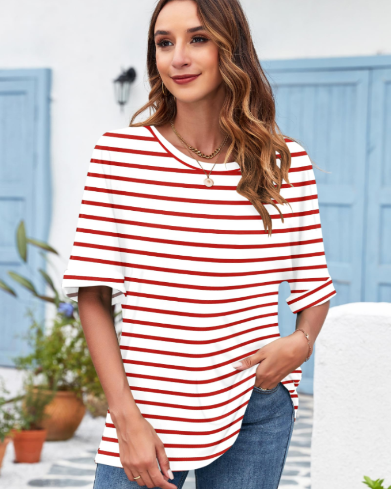 Γυναικείο T-Shirt Aubrey – Oversize Τοπ με Στρογγυλή Λαιμόκοψη, Γυρισμένα Μανίκια και Άνετη Γραμμή