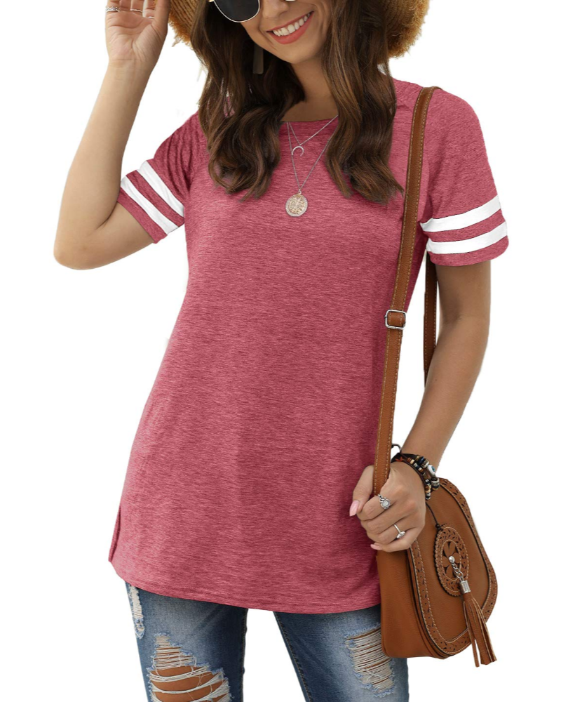 Camiseta Chloe para mujer – Top de verano con mangas a rayas, cuello redondo y aberturas laterales