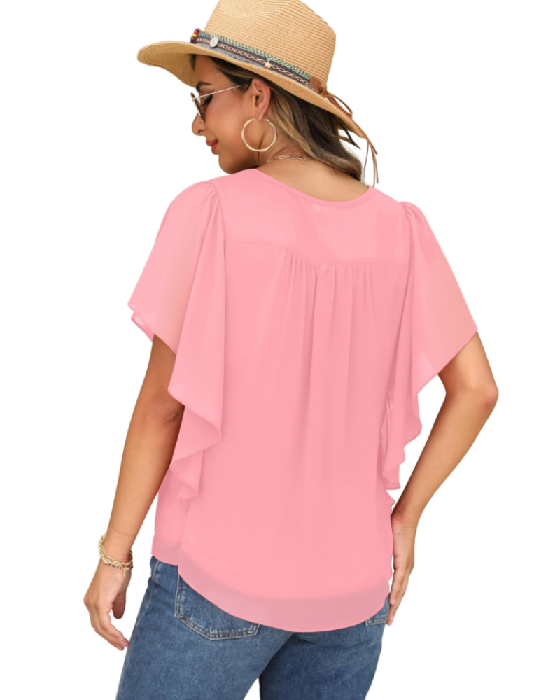 Hazel Blusa Donna – Top in Chiffon a Due Strati con Maniche Pipistrello & Pieghe