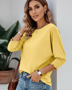 Camiseta Bianca para mujer – Top con cuello redondo, mangas 3/4 y puños fruncidos