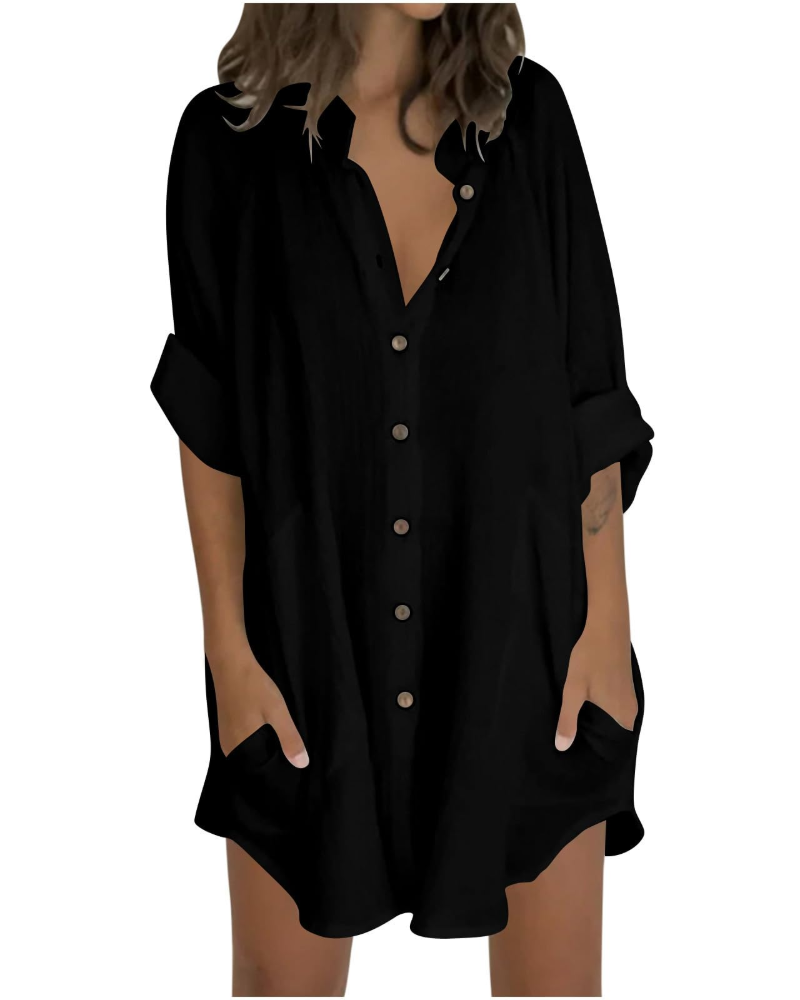 Emma Blusa Donna – Camicia Oversize in Cotone Lino con Maniche 3/4 & Bottoni
