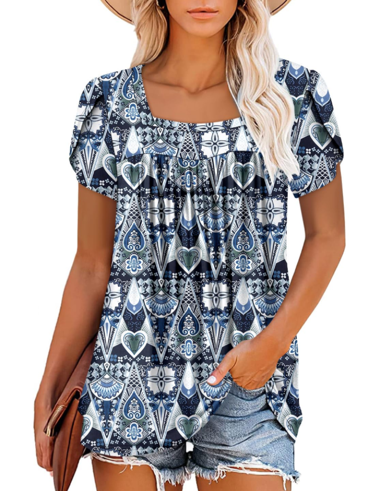 Emma Women's Blouse – Soft Top with Square Neckline, Vibrant Print & Short Sleeves