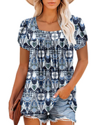 Emma Women's Blouse – Soft Top with Square Neckline, Vibrant Print & Short Sleeves