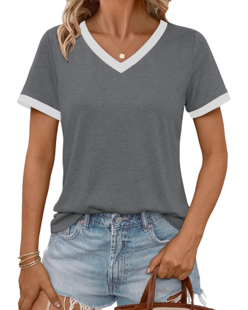 Avery Γυναικεία Μπλούζα με V Λαιμόκοψη – Μαλακό Casual T-Shirt με Κοντά Μανίκια και Ραφές σε Αντίθεση