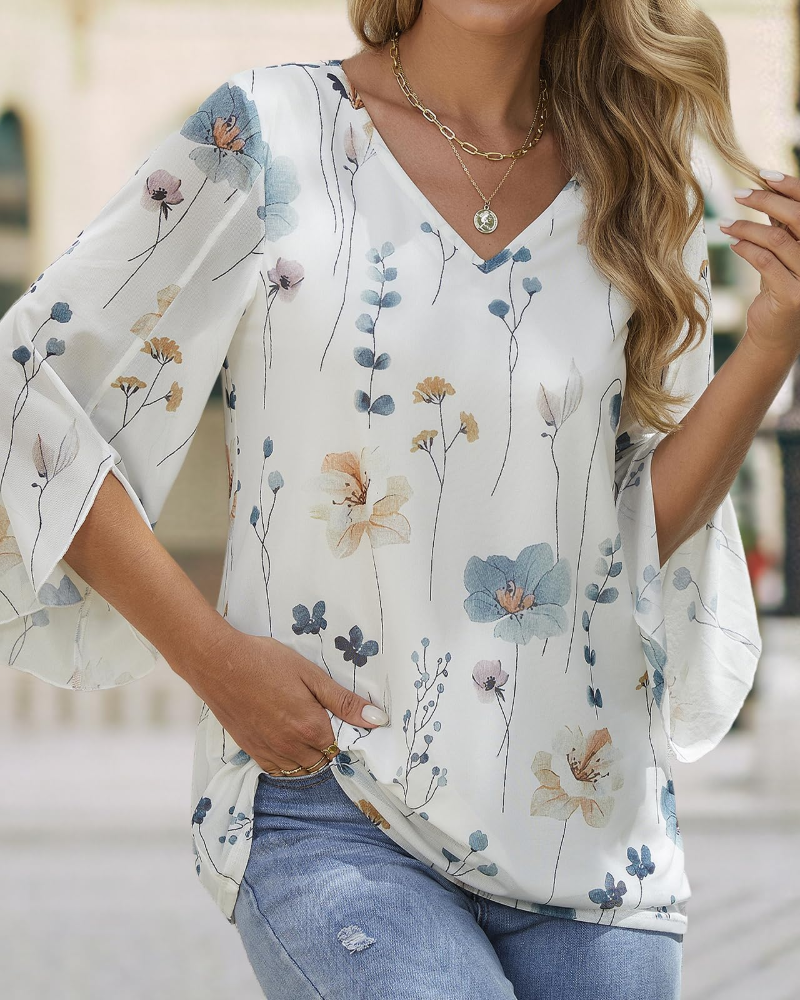 Naomi Blusa Donna – Top Floreale con Scollo a V, Maniche 3/4 a Volant & Doppio Strato