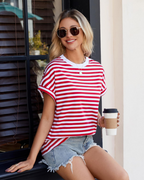 Tricou Lily pentru femei – top oversize din bumbac cu dungi, cu guler rotund și mâneci scurte