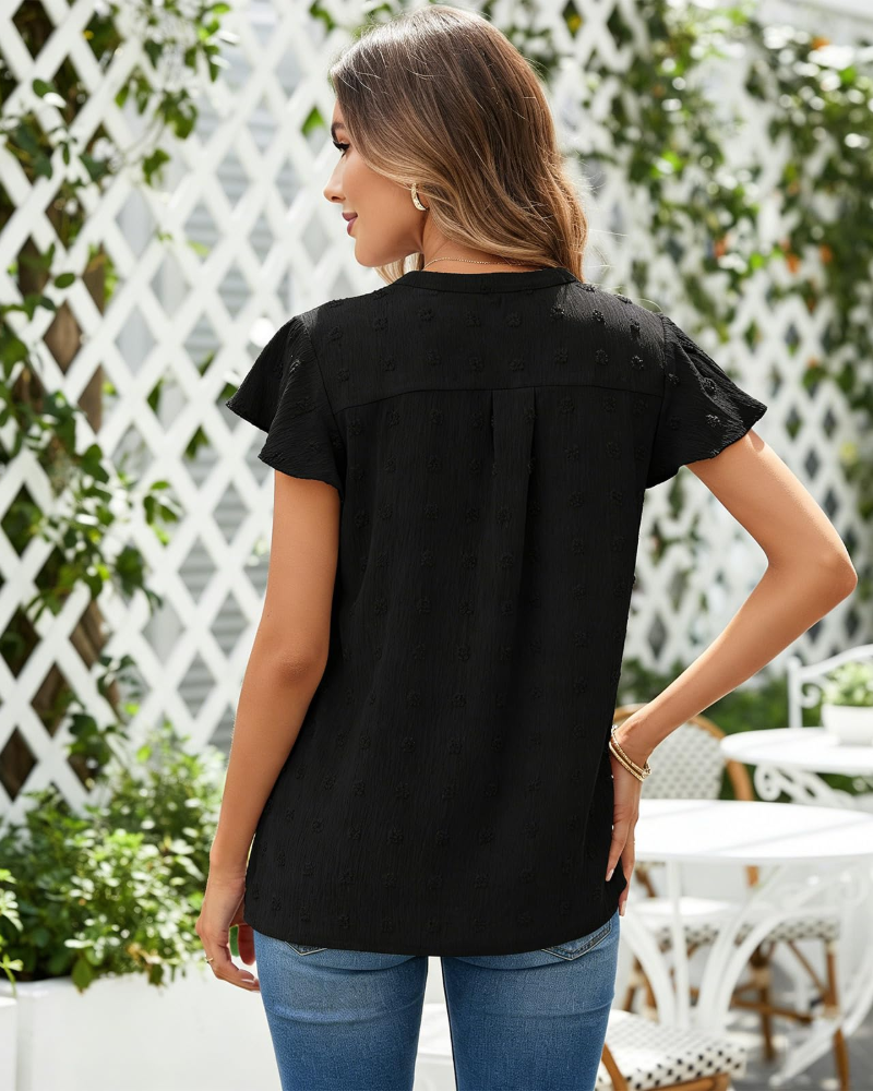 Blouse Femme Ella – Top en chiffon à pois avec col en V, manches volantées et coupe ample