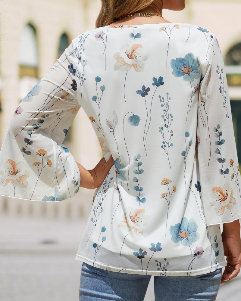 Naomi Blusa Donna – Top Floreale con Scollo a V, Maniche 3/4 a Volant & Doppio Strato