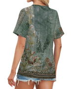 Grace T-Shirt Damska – Top z dekoltem w serek, rękawy w paski i luźny krój