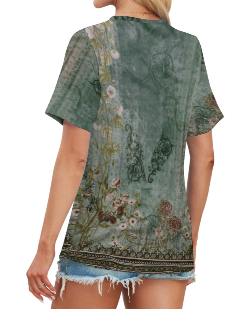 Grace T-Shirt Damska – Top z dekoltem w serek, rękawy w paski i luźny krój