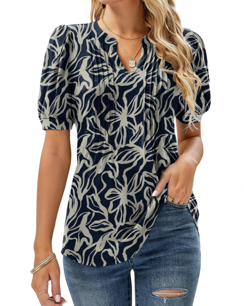 Hazel Top Donna – Bluză tunică florală cu decolteu în V, mâneci bufante și pliuri