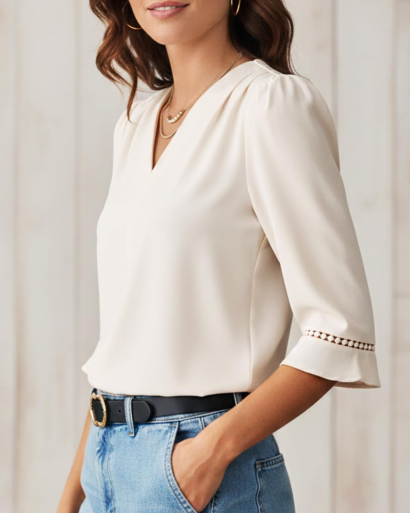 Isabelle Blusa para Mujer – Top con Escote en V, Mangas 3/4 y Volantes Boho