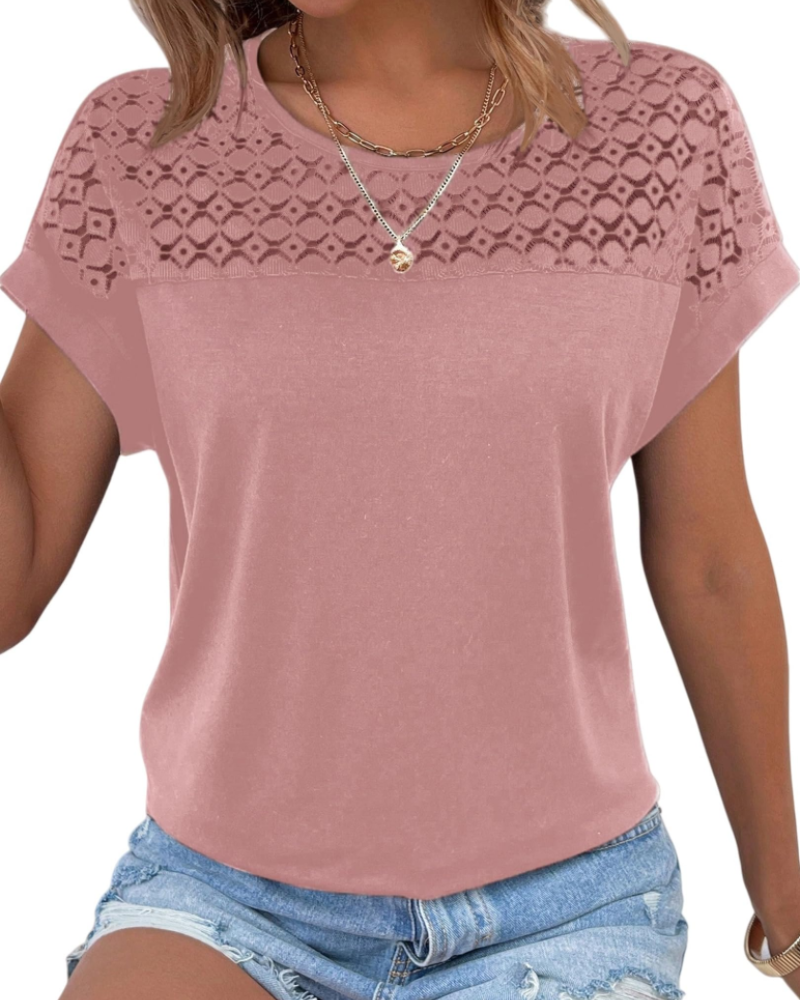 T-shirt Jasmine pour femme – Haut avec détails en dentelle, épaules modernes et coupe décontractée