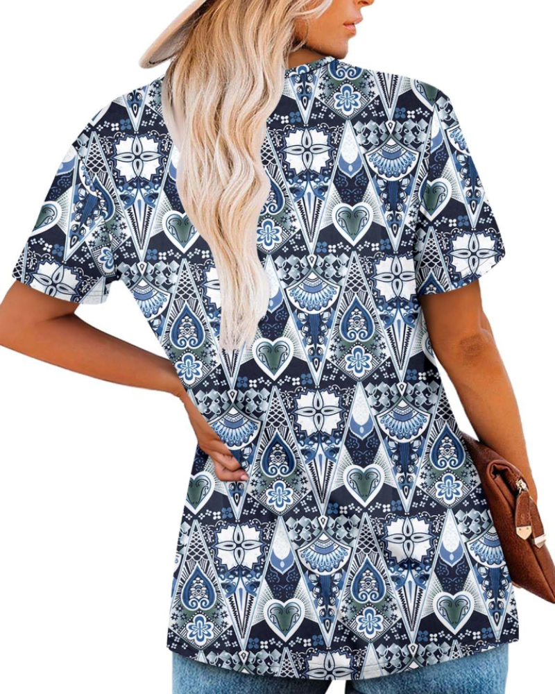 Emma Women's Blouse – Soft Top with Square Neckline, Vibrant Print & Short Sleeves