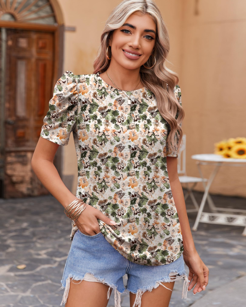 Blusa Elena para mujer – Top floral con mangas abullonadas y ajuste slim