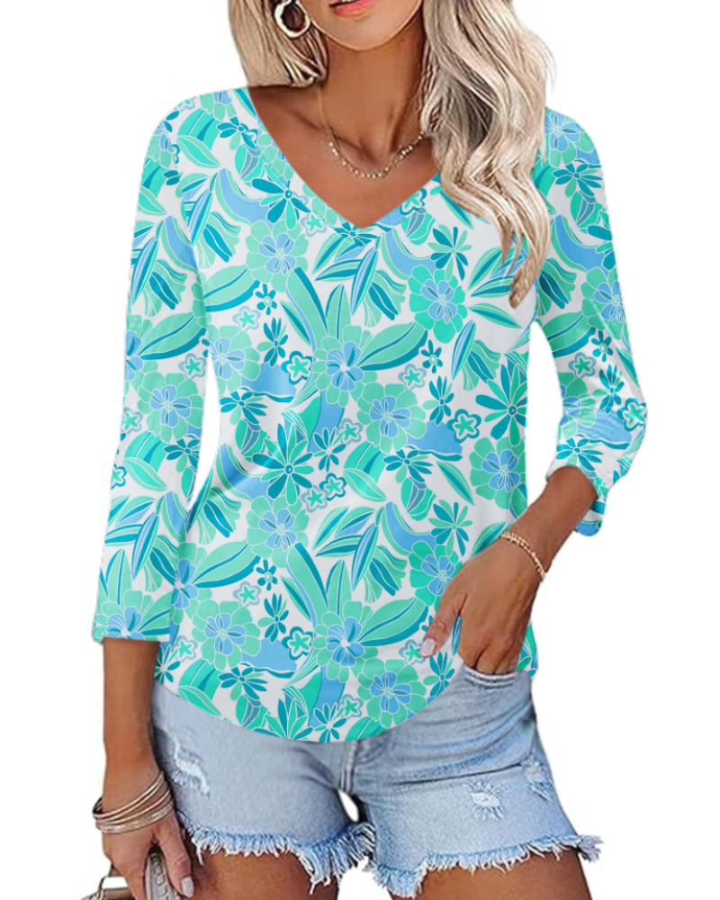 Camila Top Donna – Blusa con Scollo a V, Maniche 3/4 & Stampa Floreale