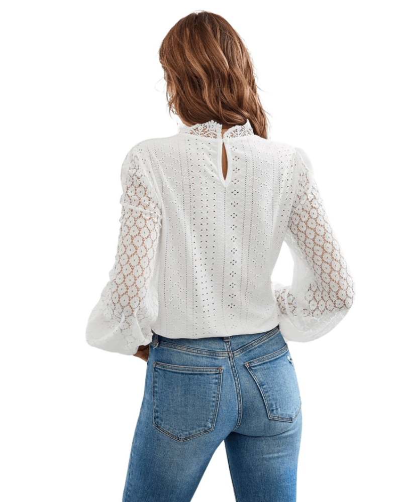 Vivian Blouse Femme – Top Élégant avec Col Montant, Dentelle Guipure et Manches Lanternes