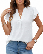 Blouse Femme Ella – Top en chiffon à pois avec col en V, manches volantées et coupe ample