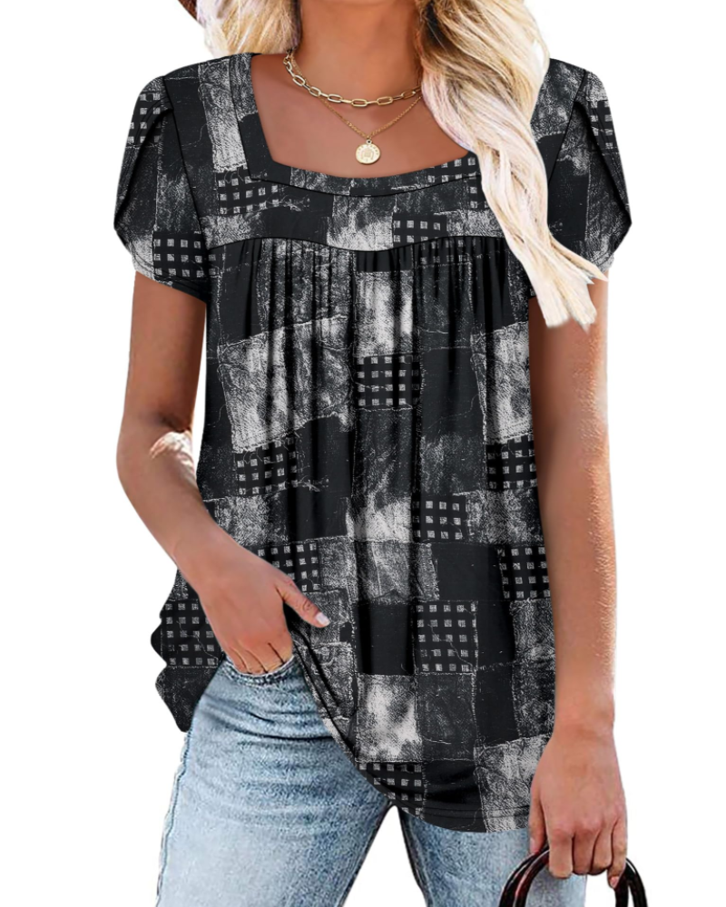Emma Women's Blouse – Soft Top with Square Neckline, Vibrant Print & Short Sleeves