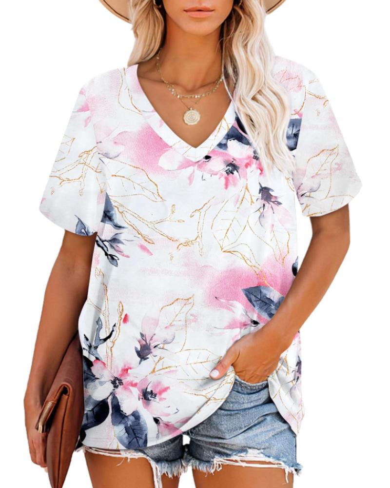 Γυναικείο T-Shirt Grace – Τοπ με V Λαιμόκοψη, Ριγέ Μανίκια και Άνετη Γραμμή