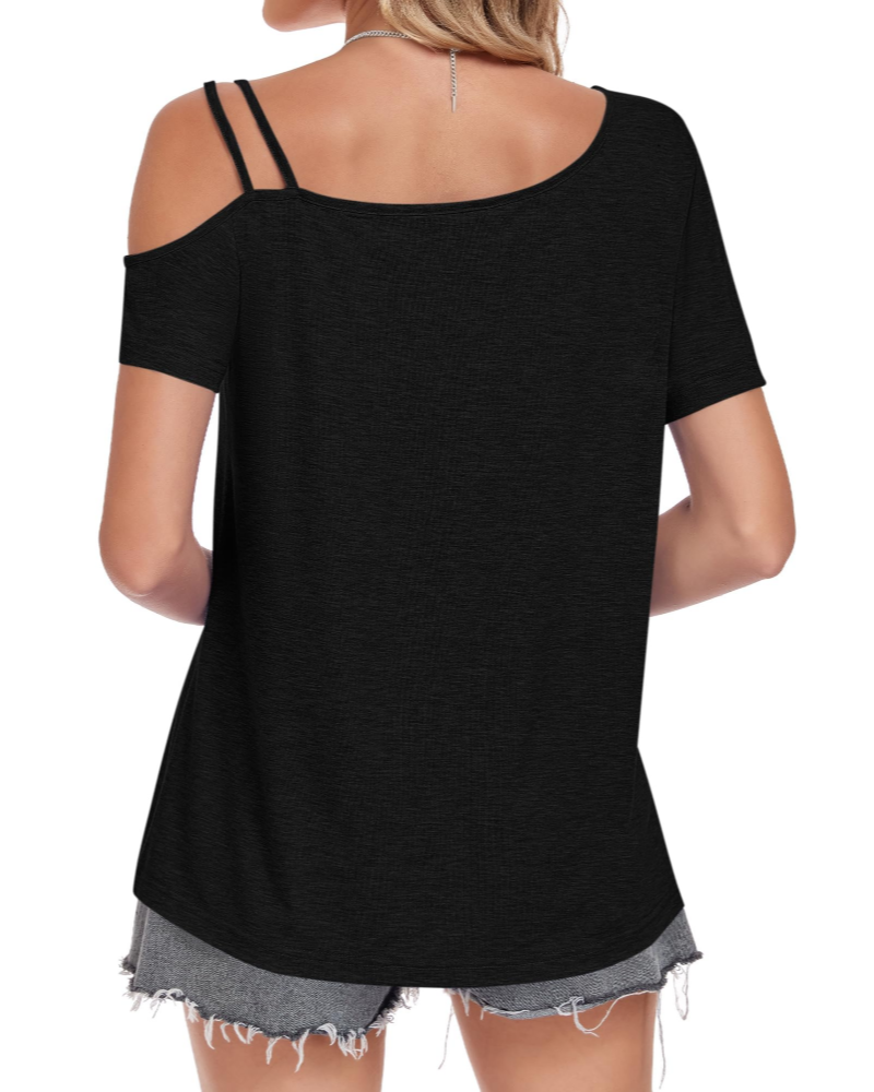 Maya Top Donna – T-Shirt-Tunika mit Cold-Shoulder, asymmetrischem Ausschnitt und dünnen Trägern