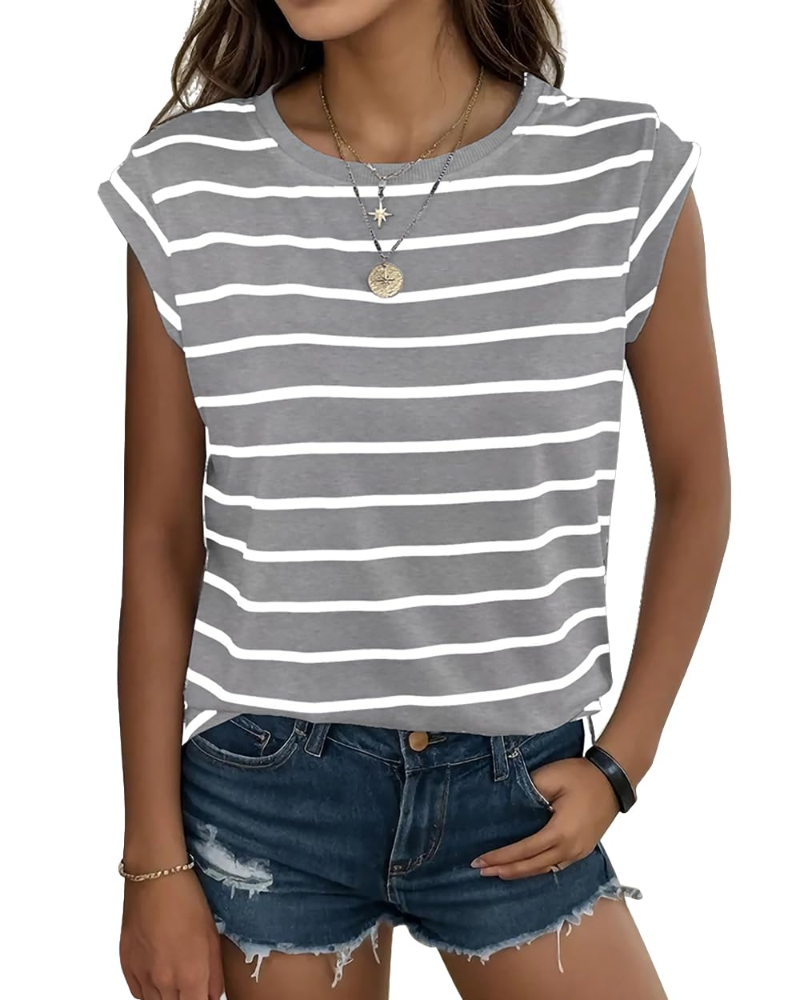 Hannah T-Shirt damska – top w paski z okrągłym dekoltem, rękawami z falbanką i luźnym krojem