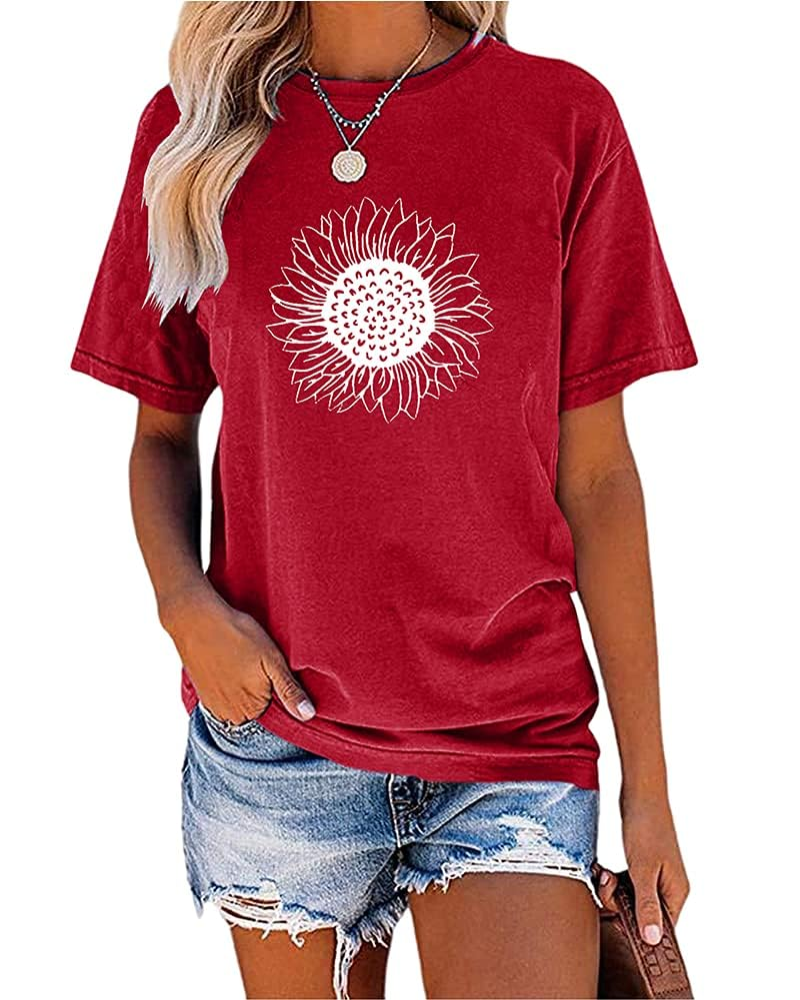 Γυναικείο T-Shirt Maya – Vintage Τοπ με Εκτύπωση Ηλιοτρόπιου, Στρογγυλή Λαιμόκοψη & Γυριστά Μανίκια