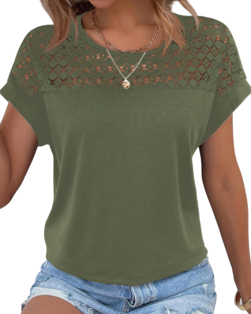 T-shirt Jasmine pour femme – Haut avec détails en dentelle, épaules modernes et coupe décontractée