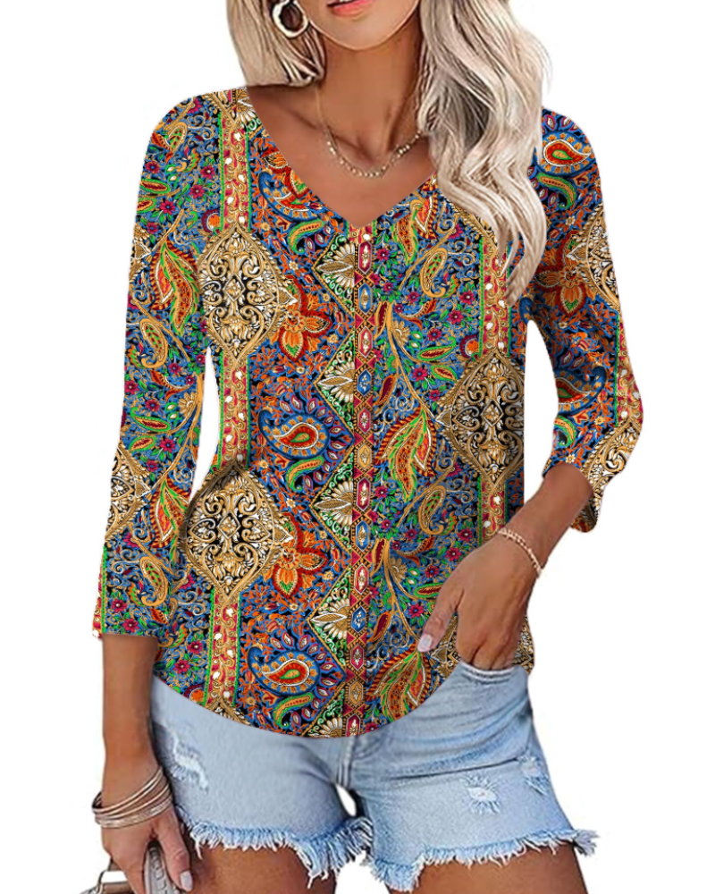Camila Top Donna – Blusa con Scollo a V, Maniche 3/4 & Stampa Floreale
