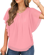 Hazel Blusa Donna – Top in Chiffon a Due Strati con Maniche Pipistrello & Pieghe