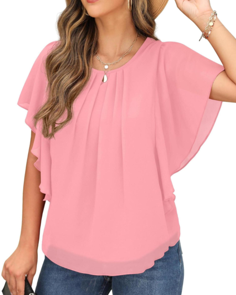 Hazel Blusa Donna – Top in Chiffon a Due Strati con Maniche Pipistrello & Pieghe