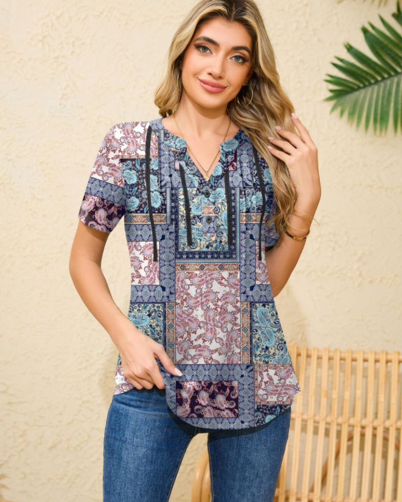 Serena Blusa Donna – Top Boho con Scollo a V, Pieghe & Dettagli in Pizzo