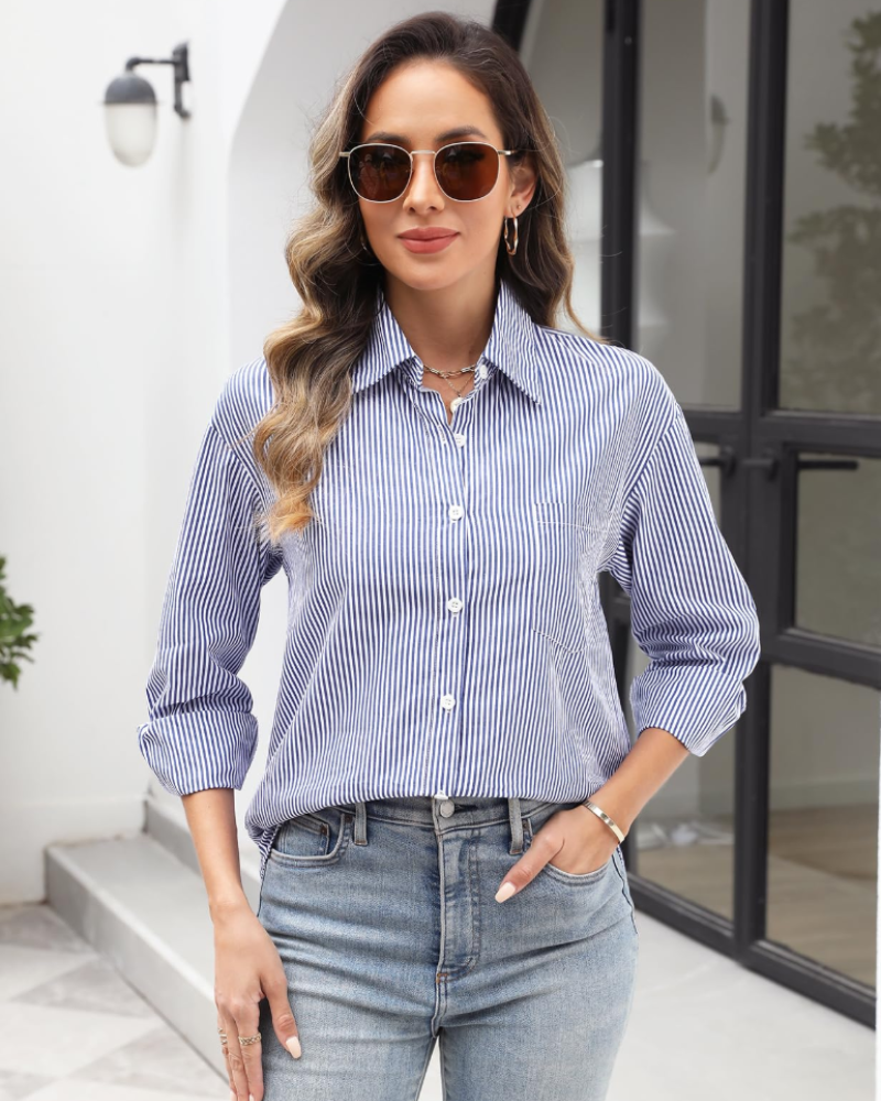 Harper Camicia Donna – Blusa Oversize in Cotone a Righe con Bottoni, Colletto & Tasca