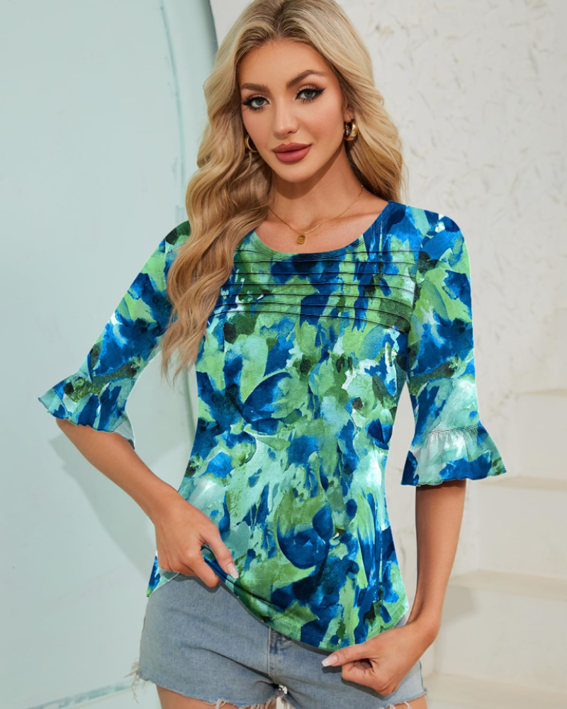 Clara Blusa Donna – Top Tunica con Maniche 3/4 a Volant, Girocollo & Pieghe Frontali
