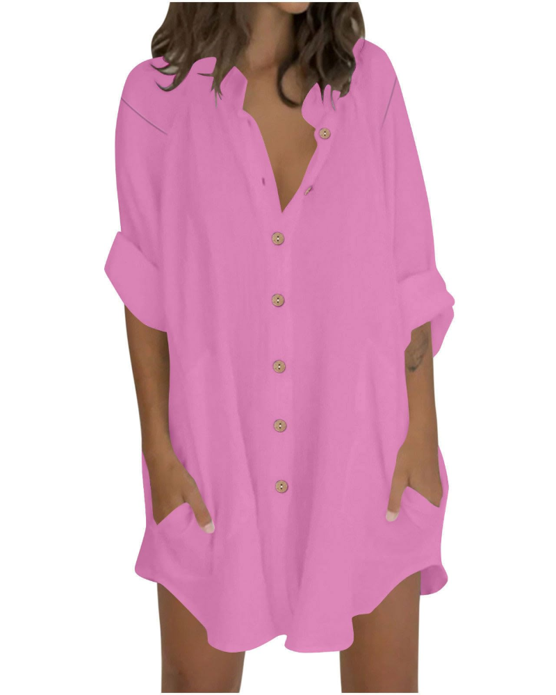 Emma Blusa Donna – Camicia Oversize in Cotone Lino con Maniche 3/4 & Bottoni