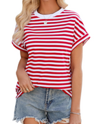 Tricou Lily pentru femei – top oversize din bumbac cu dungi, cu guler rotund și mâneci scurte
