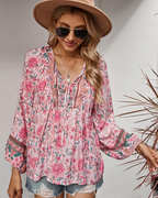 Diana Dámská Blůza – Boho Květinový Top z Viskózy s Výstřihem do V a Balonovými Rukávy