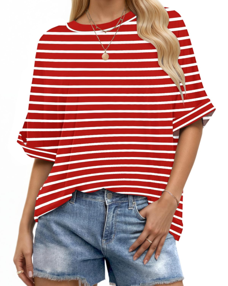 Γυναικείο T-Shirt Aubrey – Oversize Τοπ με Στρογγυλή Λαιμόκοψη, Γυρισμένα Μανίκια και Άνετη Γραμμή