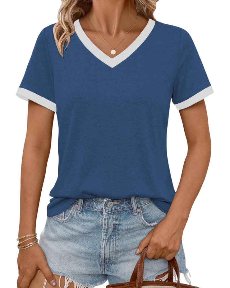Avery Γυναικεία Μπλούζα με V Λαιμόκοψη – Μαλακό Casual T-Shirt με Κοντά Μανίκια και Ραφές σε Αντίθεση