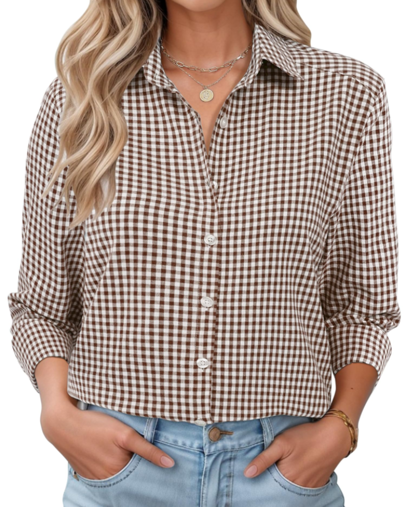 Sophie Camicia Donna – Blusa in Cotone a Quadri con Bottoni, Colletto & Maniche Arrotolabili