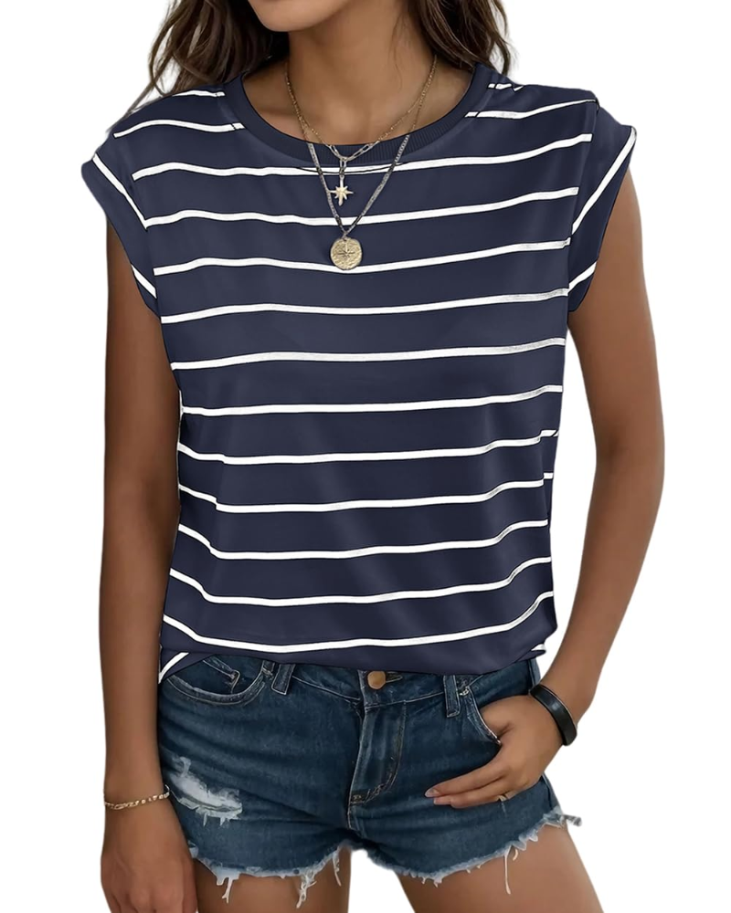 Hannah T-Shirt damska – top w paski z okrągłym dekoltem, rękawami z falbanką i luźnym krojem