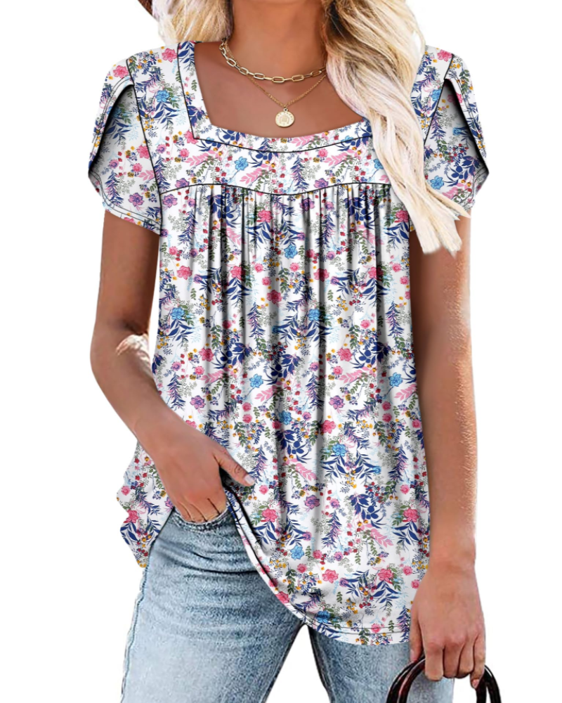 Emma Women's Blouse – Soft Top with Square Neckline, Vibrant Print & Short Sleeves