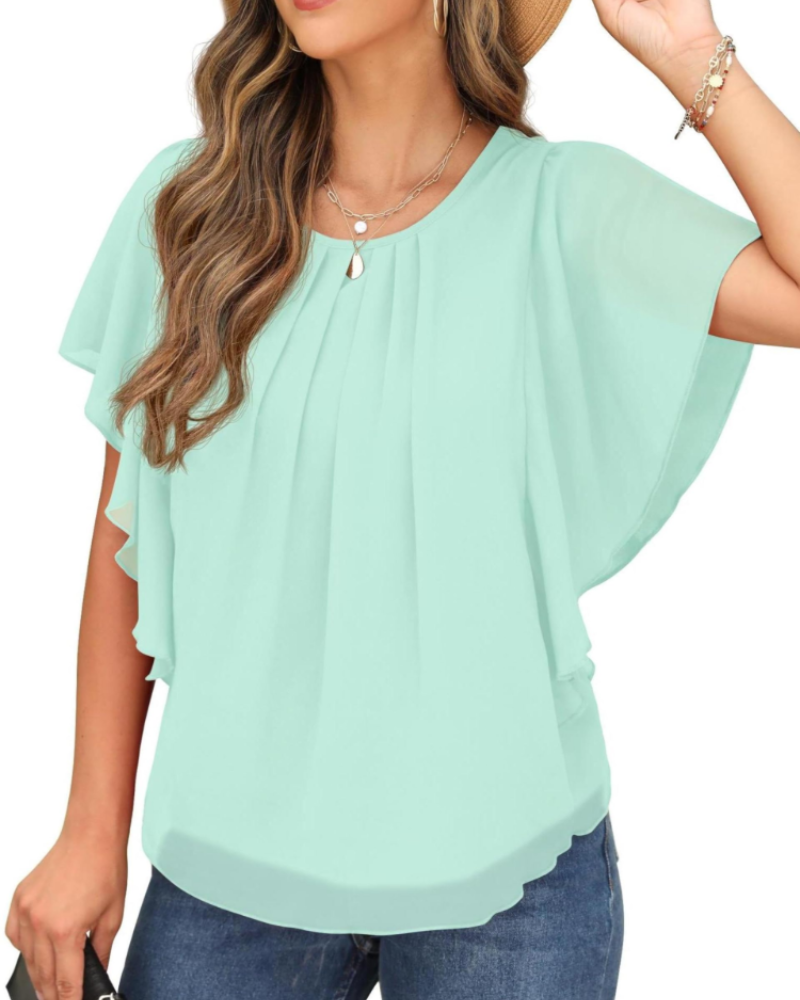 Hazel Women's Blouse – Two-Layer Chiffon Top with Batwing Sleeves & Pleats