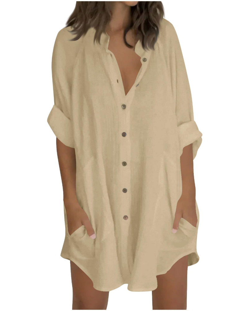 Emma Blusa Donna – Camicia Oversize in Cotone Lino con Maniche 3/4 & Bottoni