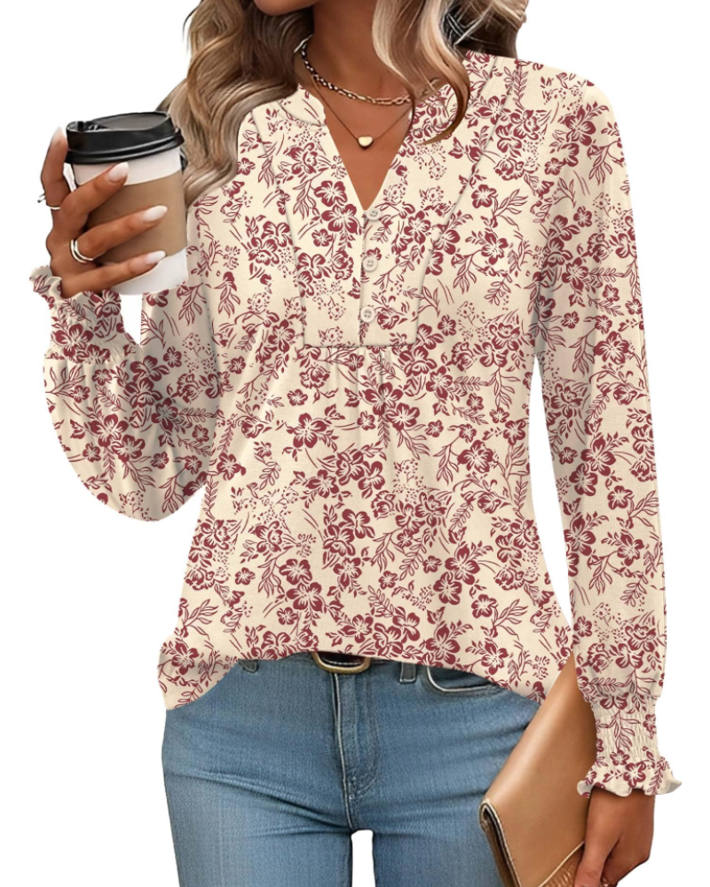 Freya Damenbluse – Florales Top mit V-Ausschnitt, langen Ärmeln und plissiertem Saum