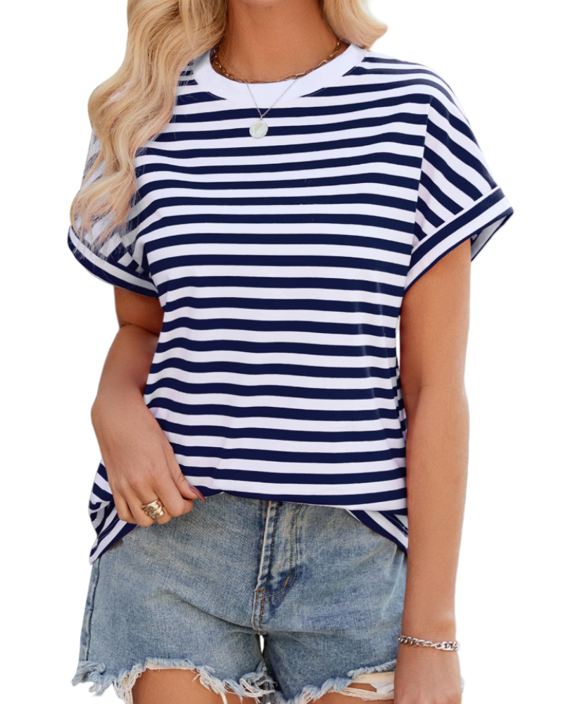 Koszulka Lily dla kobiet – oversize top z bawełny w paski z okrągłym dekoltem i krótkimi rękawami