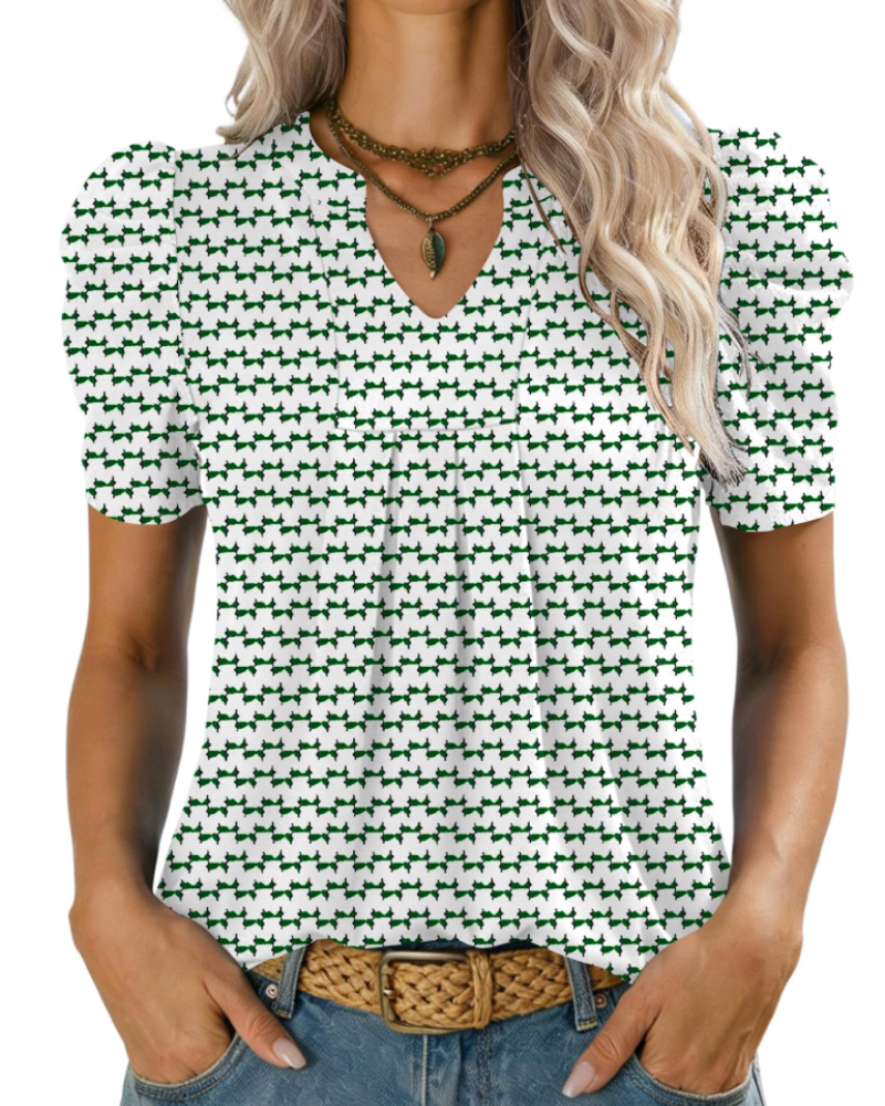 Emma Bluse Dame – Elegant Topp med V-hals, Puffermet og Løs Passform
