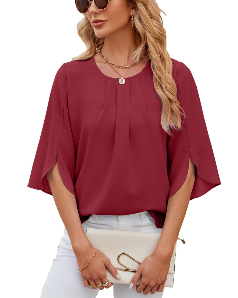 Blouse Camilla pour femme – Top en chiffon avec col rond, manches 3/4 et coupe élégante