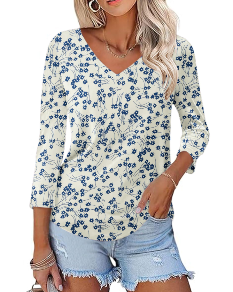 Camila Top Donna – Blusa con Scollo a V, Maniche 3/4 & Stampa Floreale
